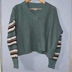 Pink Lily Sea Green V-Neck Sweater with Multicolor Stripes